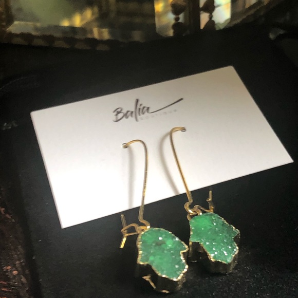 New Handmade Druzy Hamsa Hand Drop Earrings 💚 - Picture 8 of 12